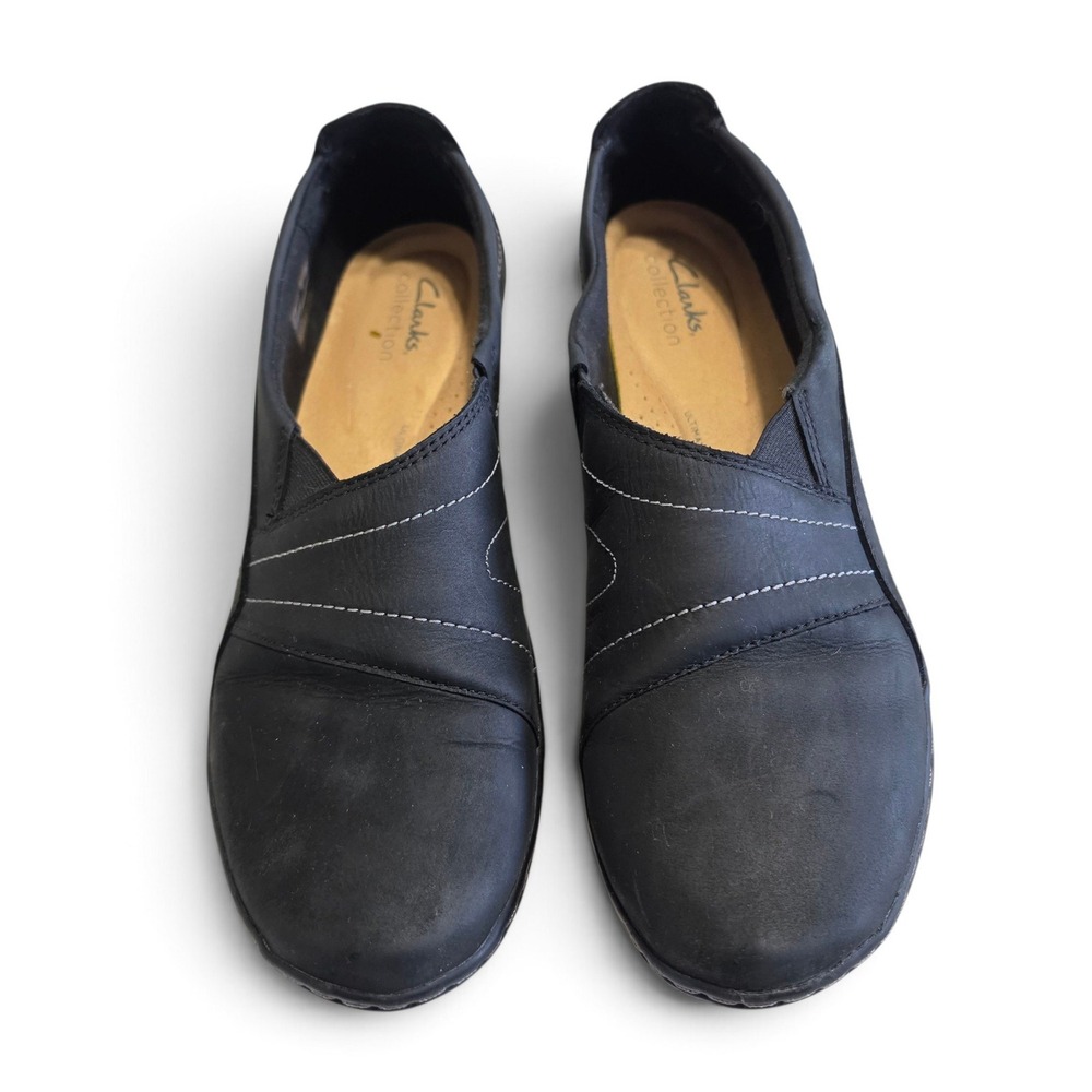 Clarks Collection Sueded Black Leather Slip On Loafers Womens 9.5